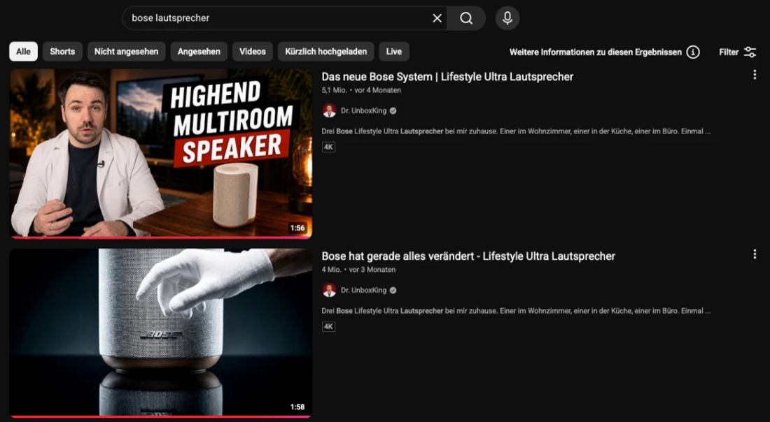 YouTube-Suche »bose lautsprecher«: Dr. UnboxKing auf Platz 1 und 2