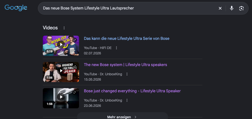 Google-Videosuche Bose Lifestyle Ultra: zwei der drei Top-Videos von Dr. UnboxKing